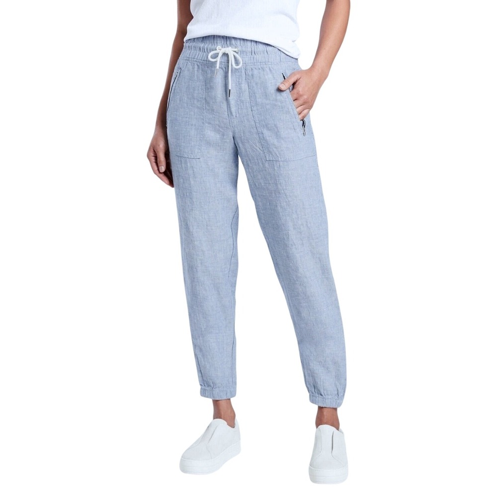 Athleta Pants Womens 6 Light Blue Cabo Linen Jogger Elastic Waist Drawstring Zip